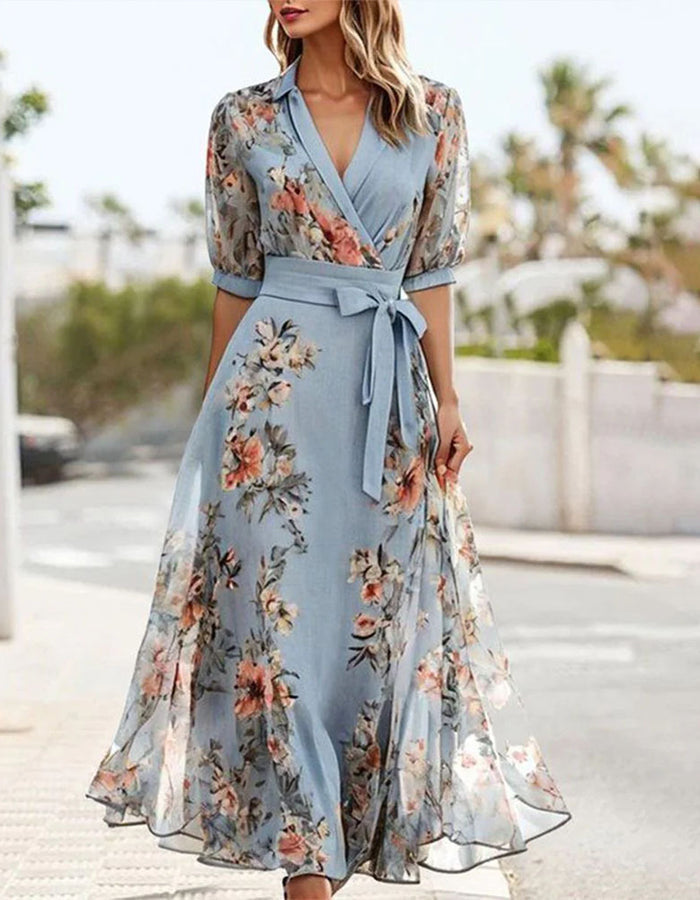 Anna-Berg | Blue Lapel Collar Printed Dress