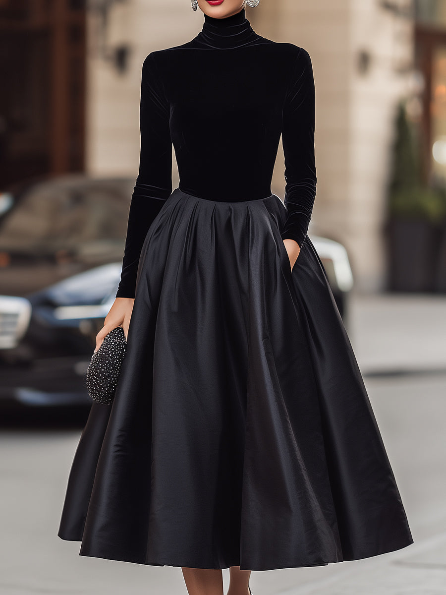 Anna-Berg | Elegant Black Velvet And Satin Midi Dress