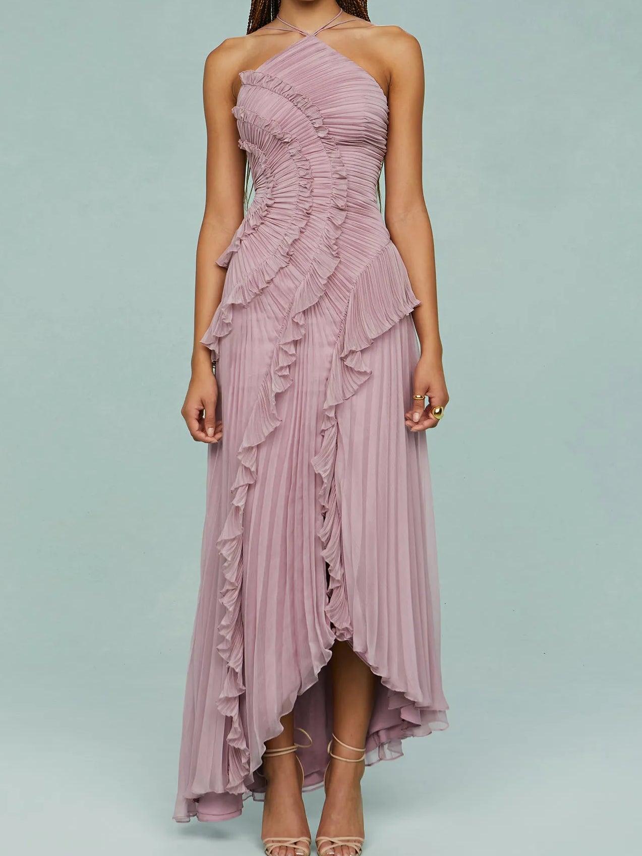 Anna-Berg | Feminine Pleated Suspender Long Dress With Slits