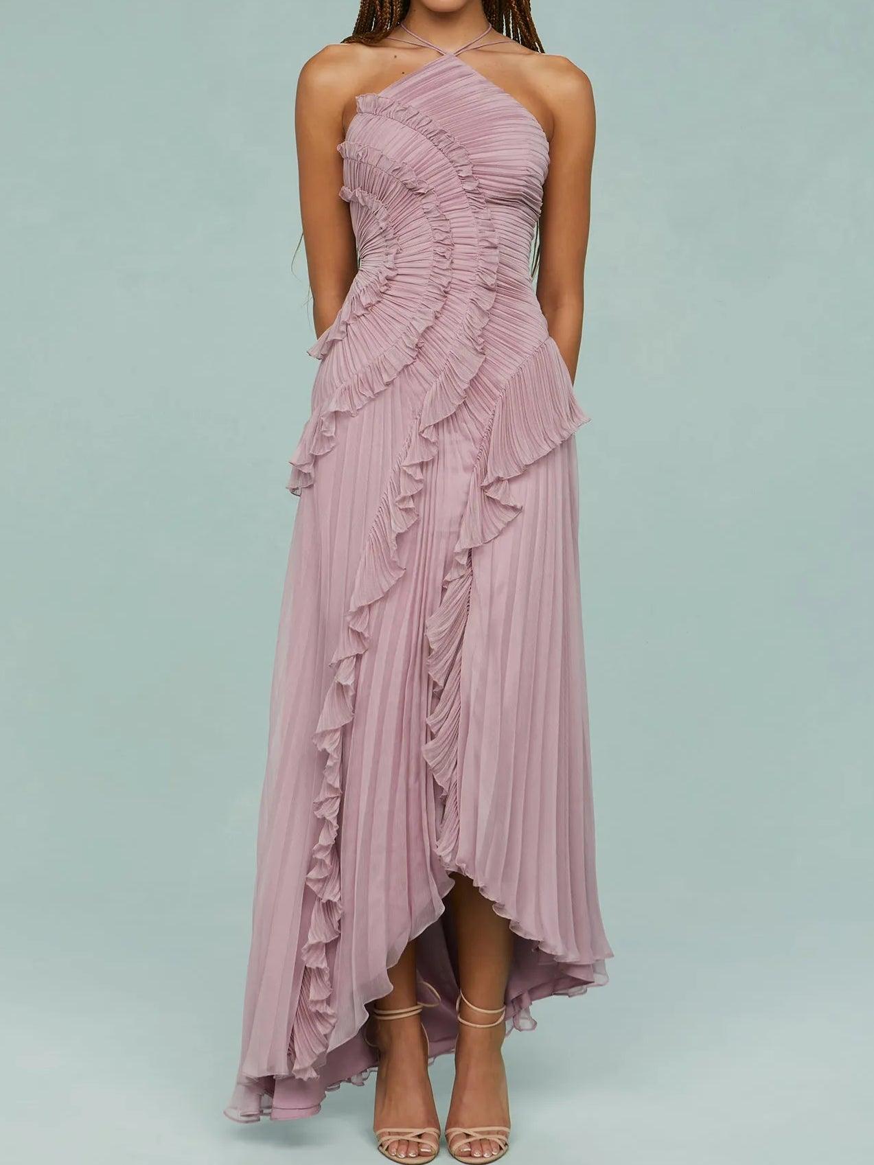 Anna-Berg | Feminine Pleated Suspender Long Dress With Slits