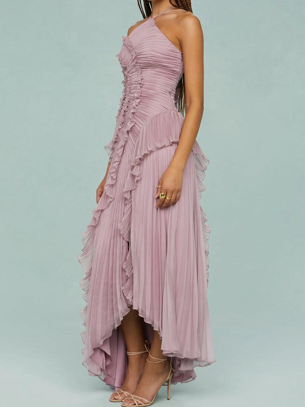 Anna-Berg | Feminine Pleated Suspender Long Dress With Slits