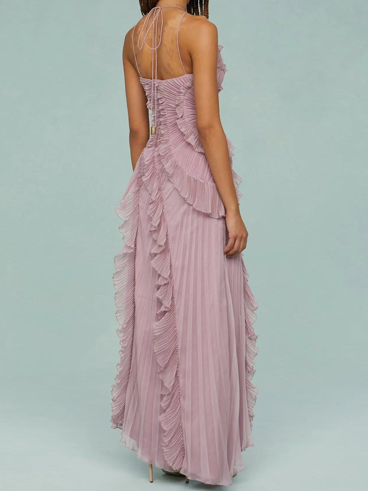 Anna-Berg | Feminine Pleated Suspender Long Dress With Slits