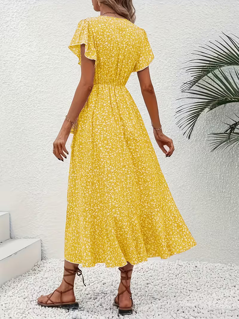 Anna-Berg | Timeless Floral Wrap Midi Dress With Ruffle Sleeves And Asymmetric Hem