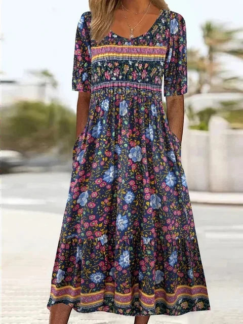 Anna-Berg | Boho Printed Square Neck Short Sleeve Midi Dress