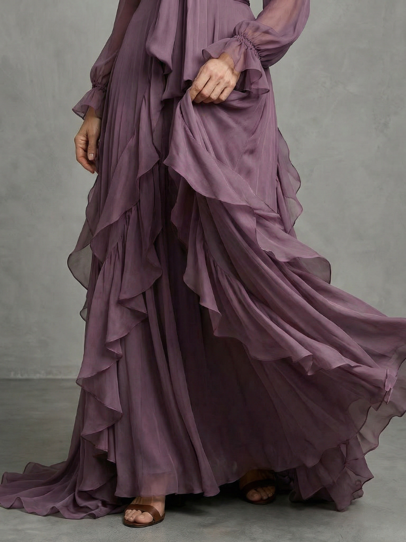 Anna-Berg | Sculpted Tie Neck Ruffle Tiered Maxi Dress
