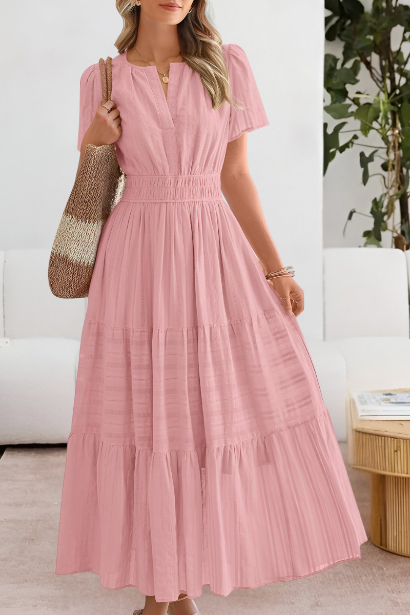 Anna-Berg | Boho Short Sleeve Smocked Midi Dress with Graceful Drape