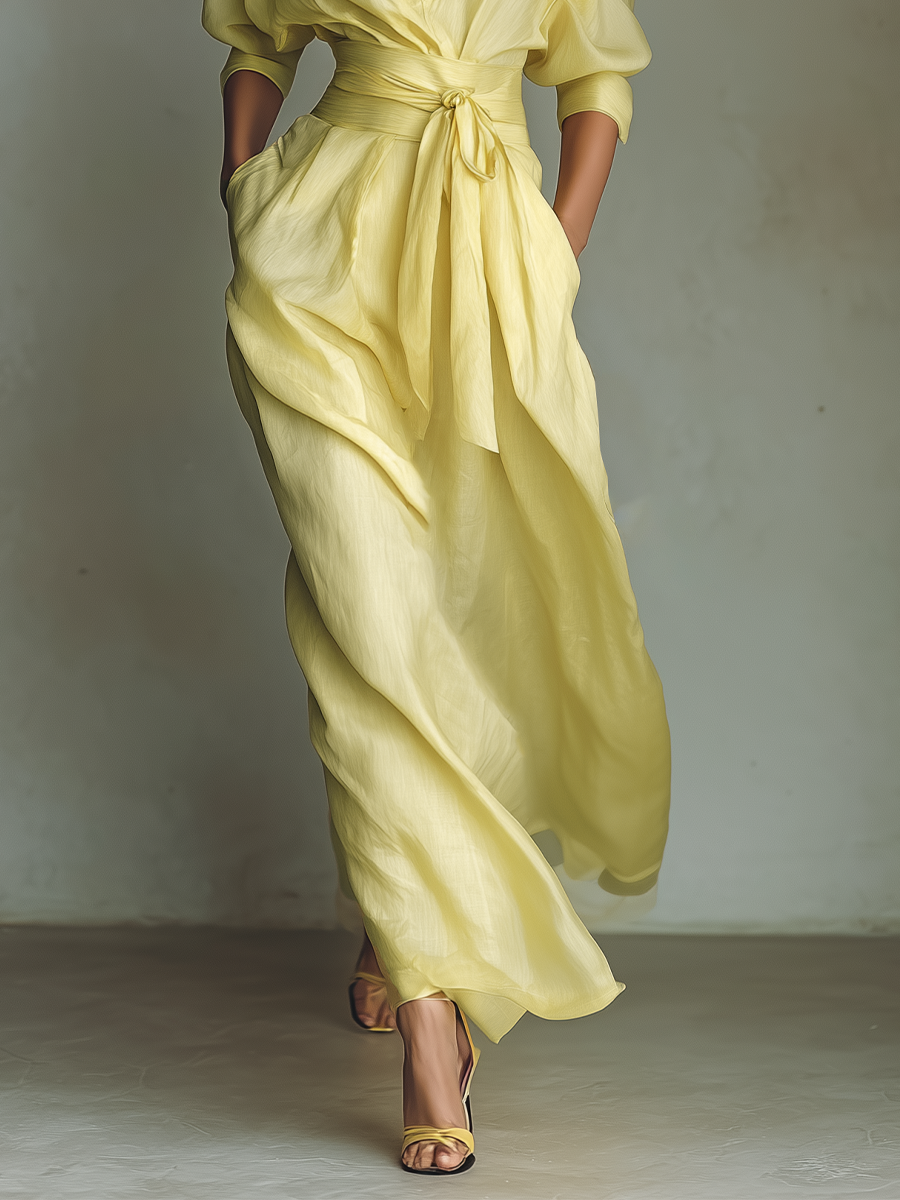 Anna-Berg | Chic Lemon Tie-Belt Maxi Shirt Dress Made to Turn Heads