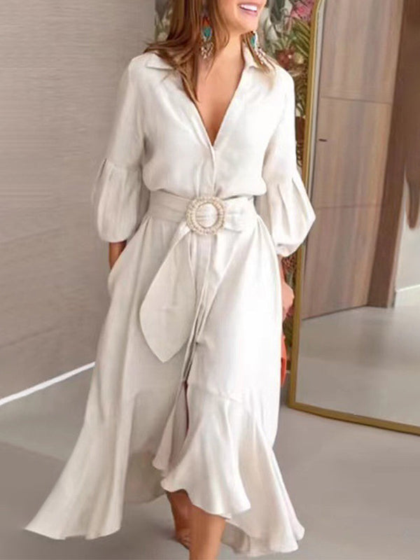 Anna-Berg | High-Low Puff Sleeves Pleated Solid Dress