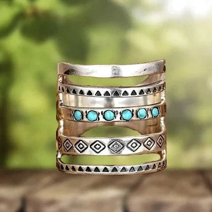 Bohemian Open Work Carved Turquoise Ring