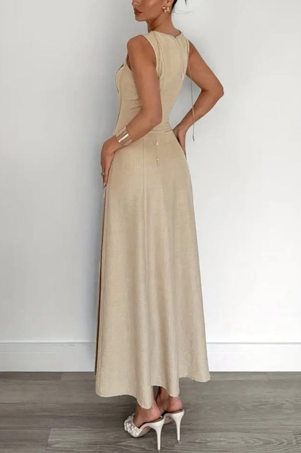 Anna-Berg | Solid Color Round Neck Sleeveless Dress