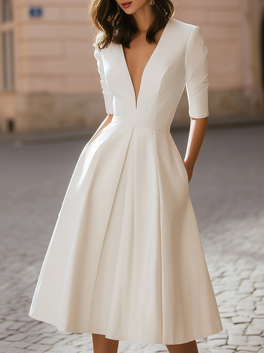 Anna-Berg | Elegant Deep V-Neck Pleated A-Line Dress