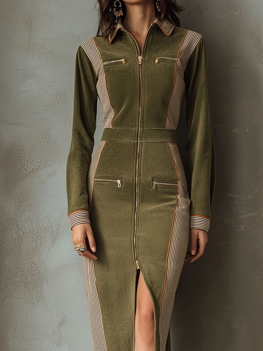 Anna-Berg | Olive Green Zip-Up Dress