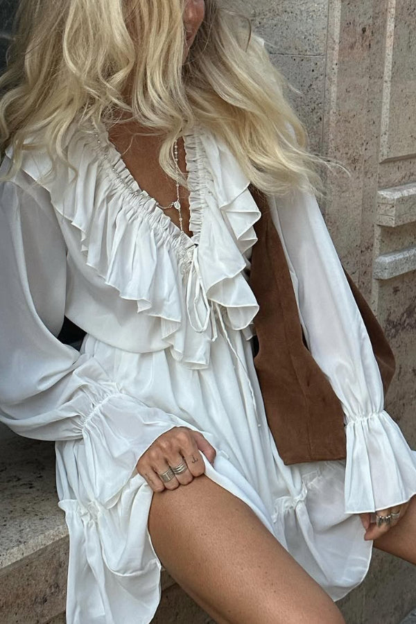 Anna-Berg | Solid Color V-Neck Ruffled Ruched Dress
