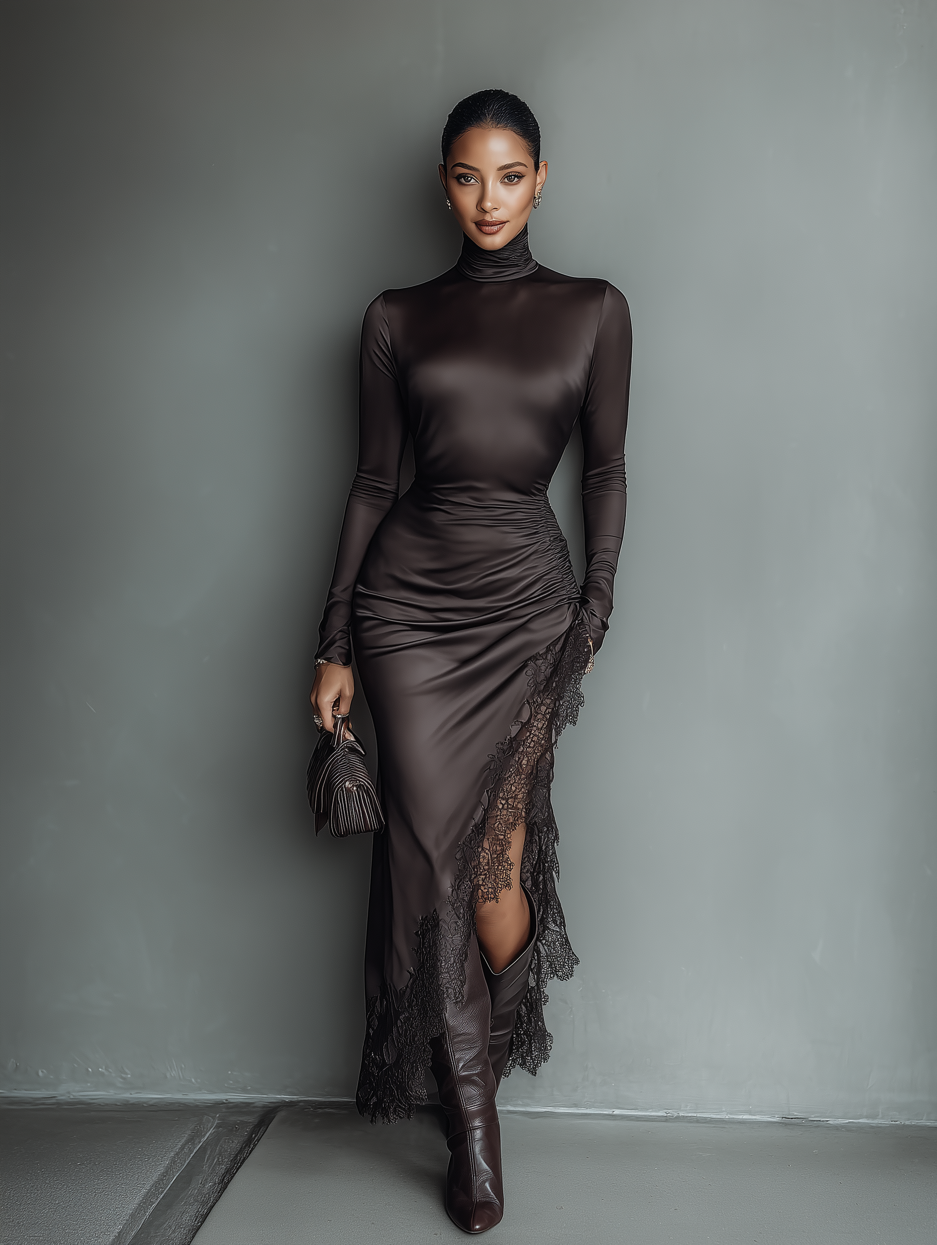 Anna-Berg | Dark Brown Satin Irregular Hem Dress