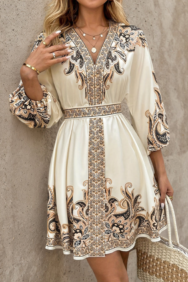 Anna-Berg | Unique Printed V-Neck Lantern Sleeve Dress
