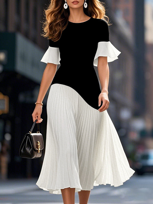 Anna-Berg | Flared Sleeves Half Pleated Split-Joint Dress