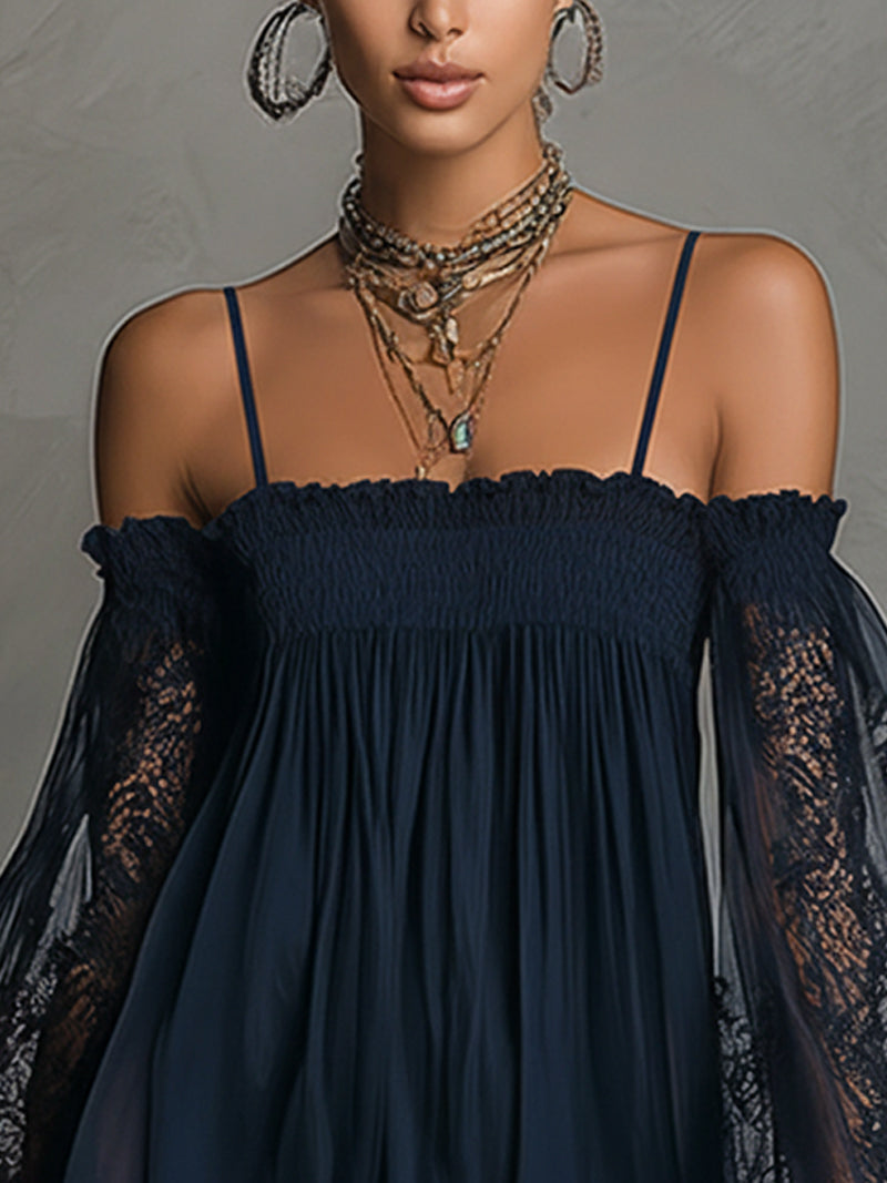 Anna-Berg | Chic Mini Dress In Navy Blue Chiffon With Off-the-shoulder Neckline, Lace Trim, And Sheer Sleeves