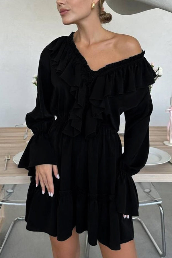 Anna-Berg | Solid Color V-Neck Ruffled Ruched Dress