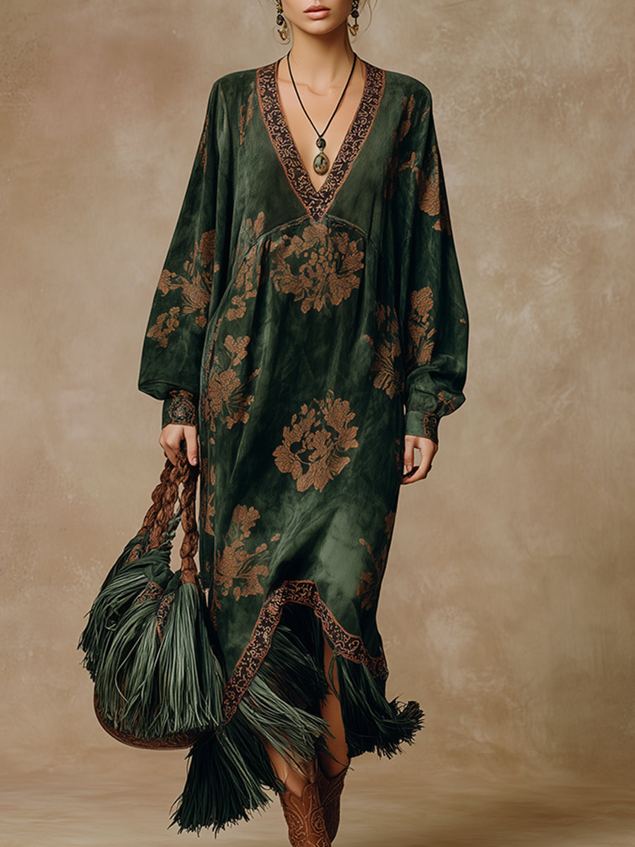 Anna-Berg | Green Faux Suede Tassel Dress