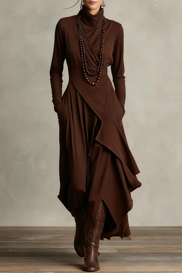 Anna-Berg | Solid Color High-Neck Long-Sleeved Irregular Dress