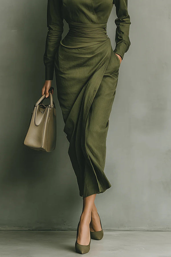 Anna-Berg | Solid Color Lapel Long Sleeve Dress
