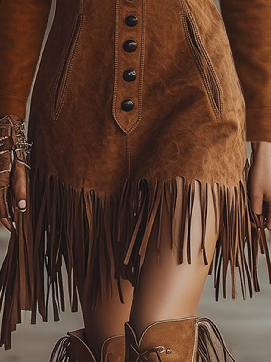 Anna-Berg | Brown Faux Suede Tassel Casual Dress