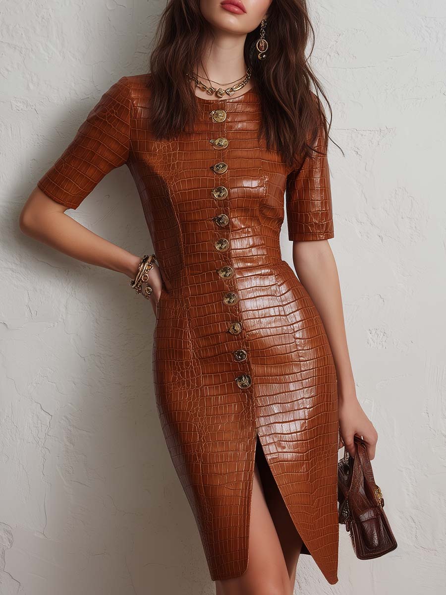 Anna-Berg | Caramel Croc-Embossed Faux Leather Dress