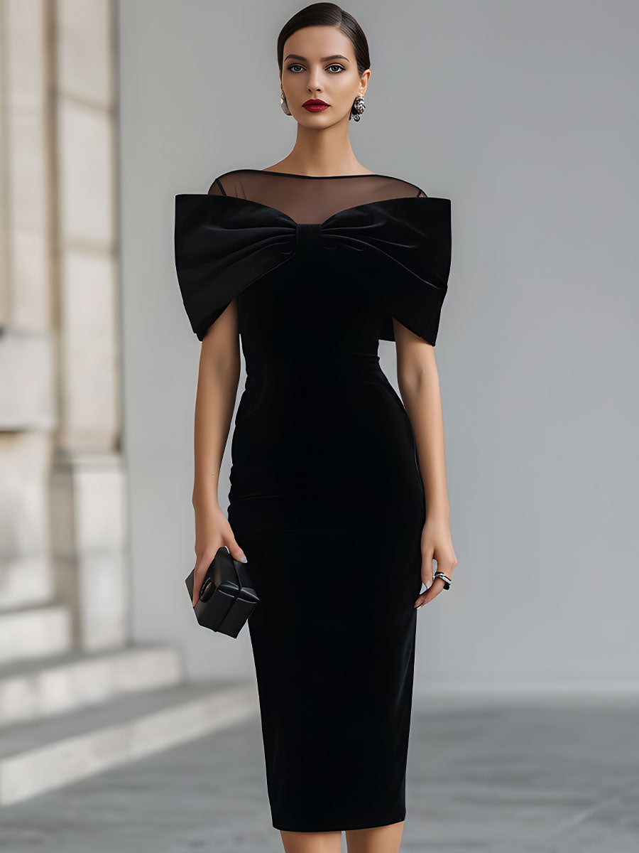 Anna-Berg | Dramatic Black Velvet Bow Midi Dress