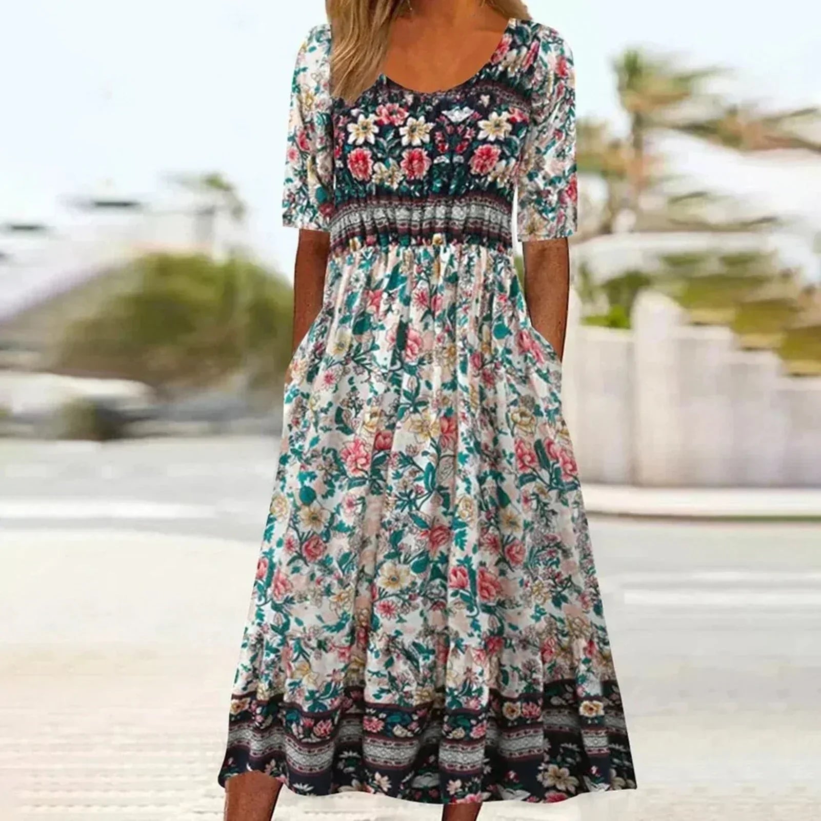 Anna-Berg | Boho Printed Square Neck Short Sleeve Midi Dress