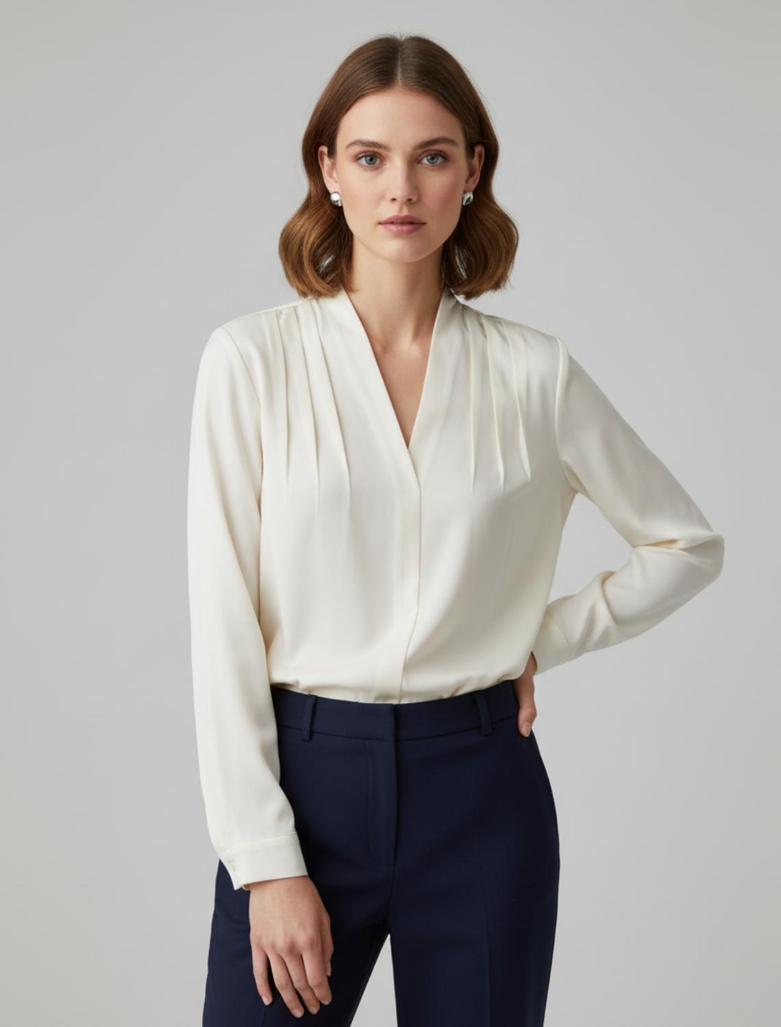 Anna-Berg | Satin Blouse with Puff Sleeves and Tailored Waist Detail