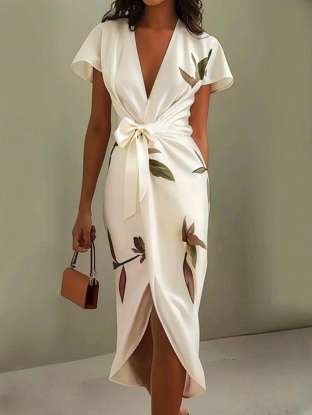 Anna-Berg | Timeless White Leaf Short Sleeve Midi Dress