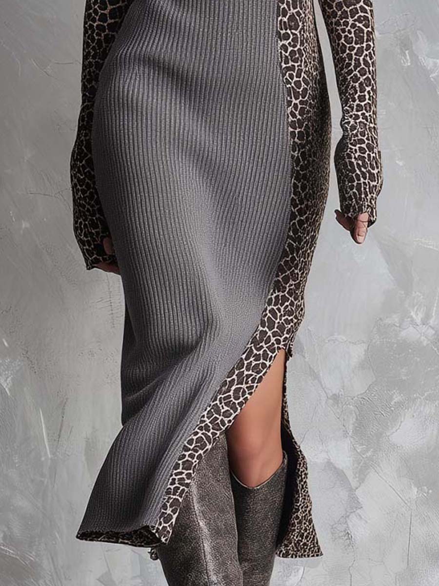 Anna-Berg | Leopard Print Patchwork Ribbed Knit Dress