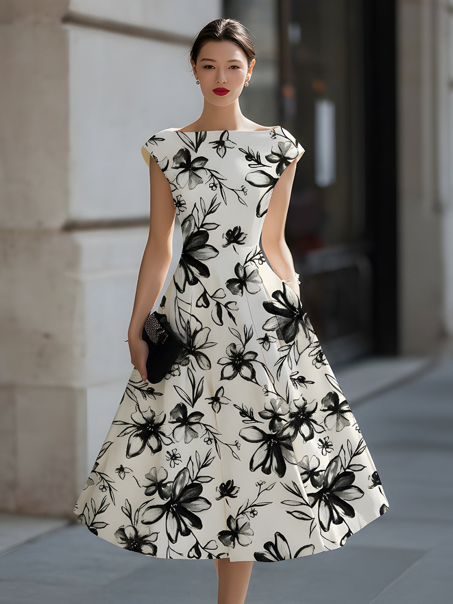 Anna-Berg | Floral Ink Print Cap Sleeve Dress