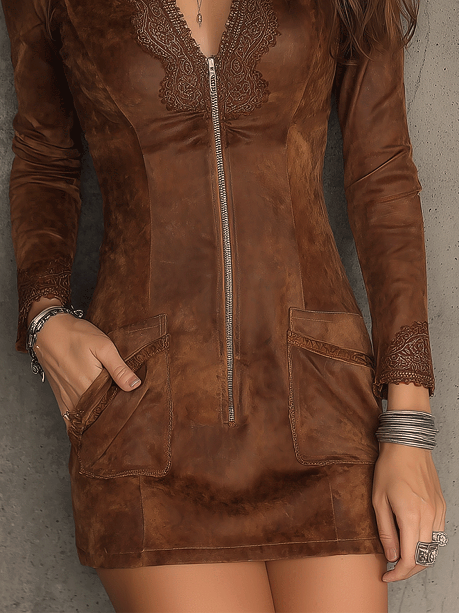 Anna-Berg | Vintage Caramel Brown Lace Trim Dress