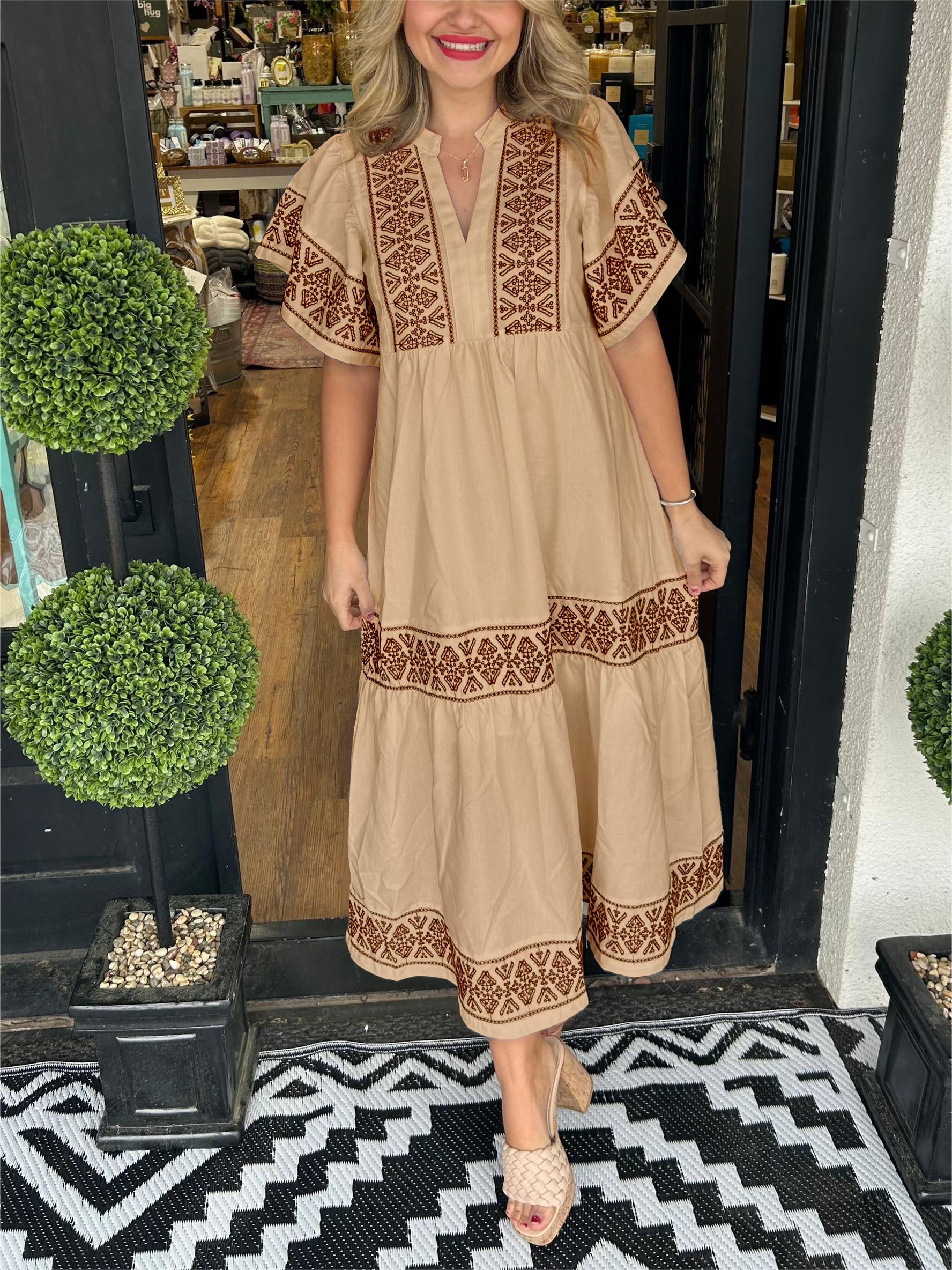Anna-Berg | Sculpted Summer Boho V Neck Midi Dress
