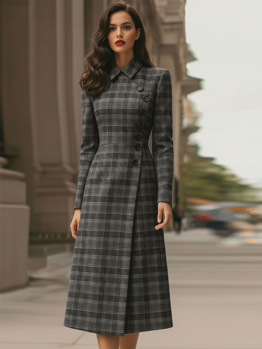 Anna-Berg | Elegant Plaid Asymmetric Button - Front Midi Dress