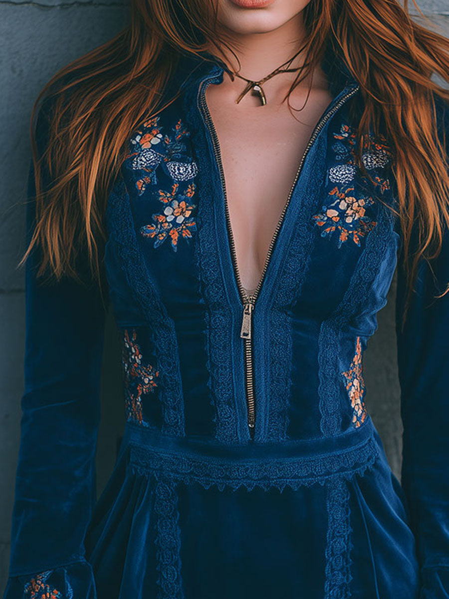 Anna-Berg | Blue Velvet Embroidered Casual Dress