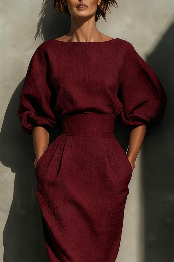Anna-Berg | Elegant Puff Sleeve High-Waisted Pocket Dress