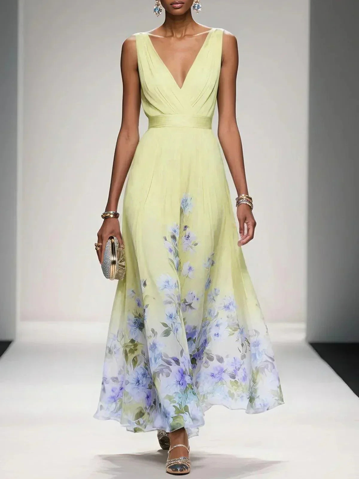 Anna-Berg | Feminine Light Blue Floral V-Neck Maxi Dress
