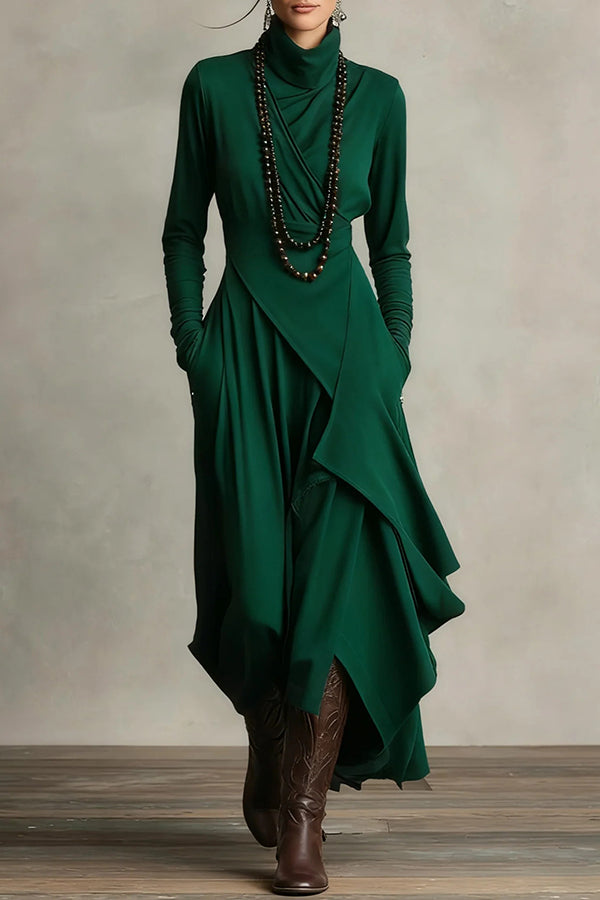 Anna-Berg | Solid Color High-Neck Long-Sleeved Irregular Dress