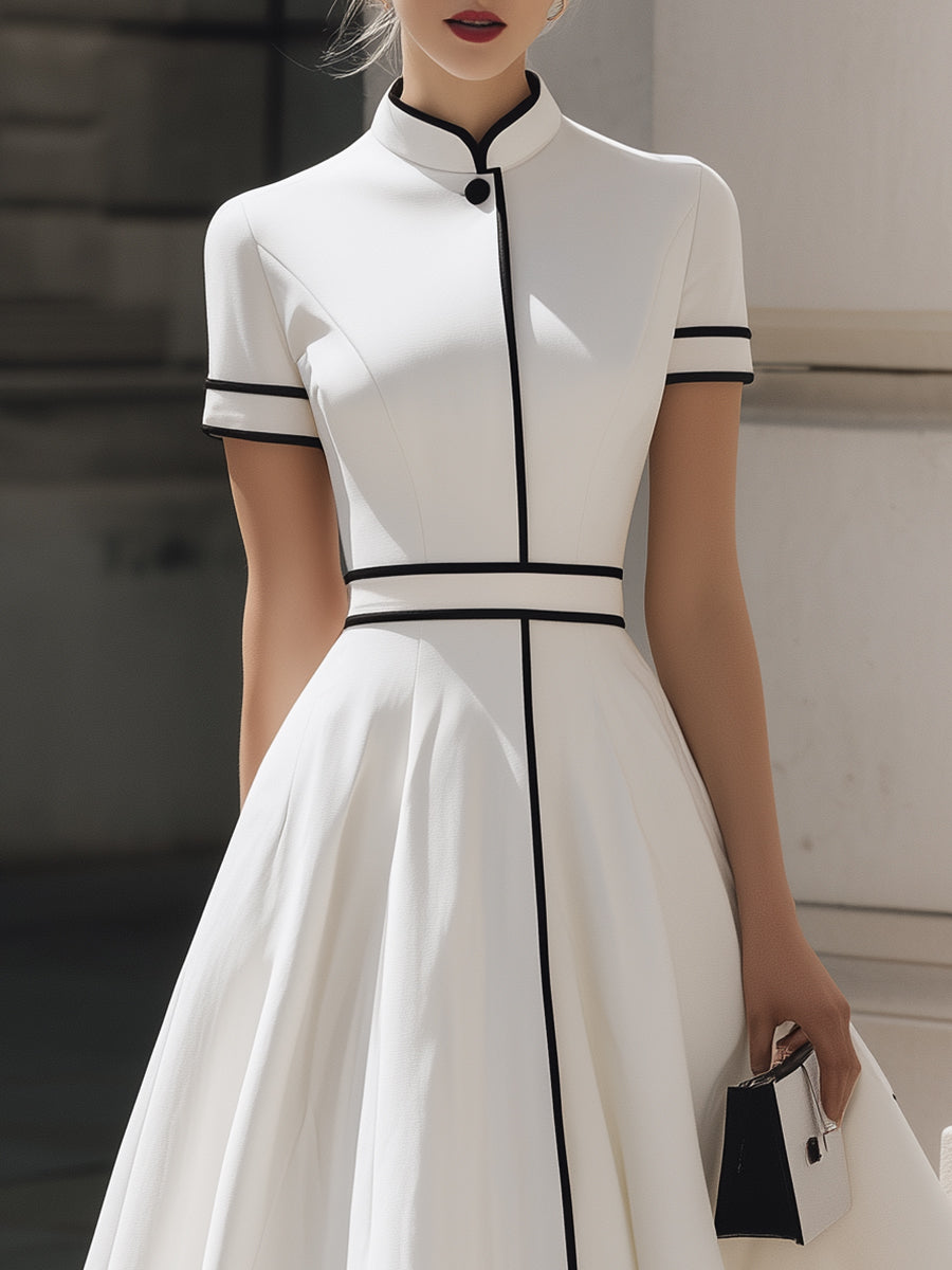 Anna-Berg | Timeless Contrast-Piped Mandarin Collar Dress