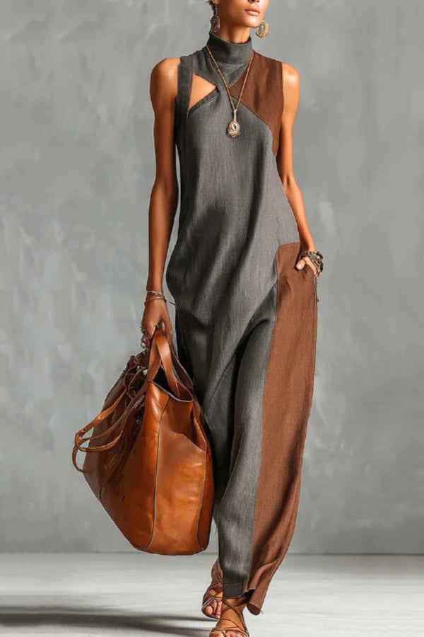 Anna-Berg | Stylish Color-Blocked High-Neck Sleeveless Casual Dress