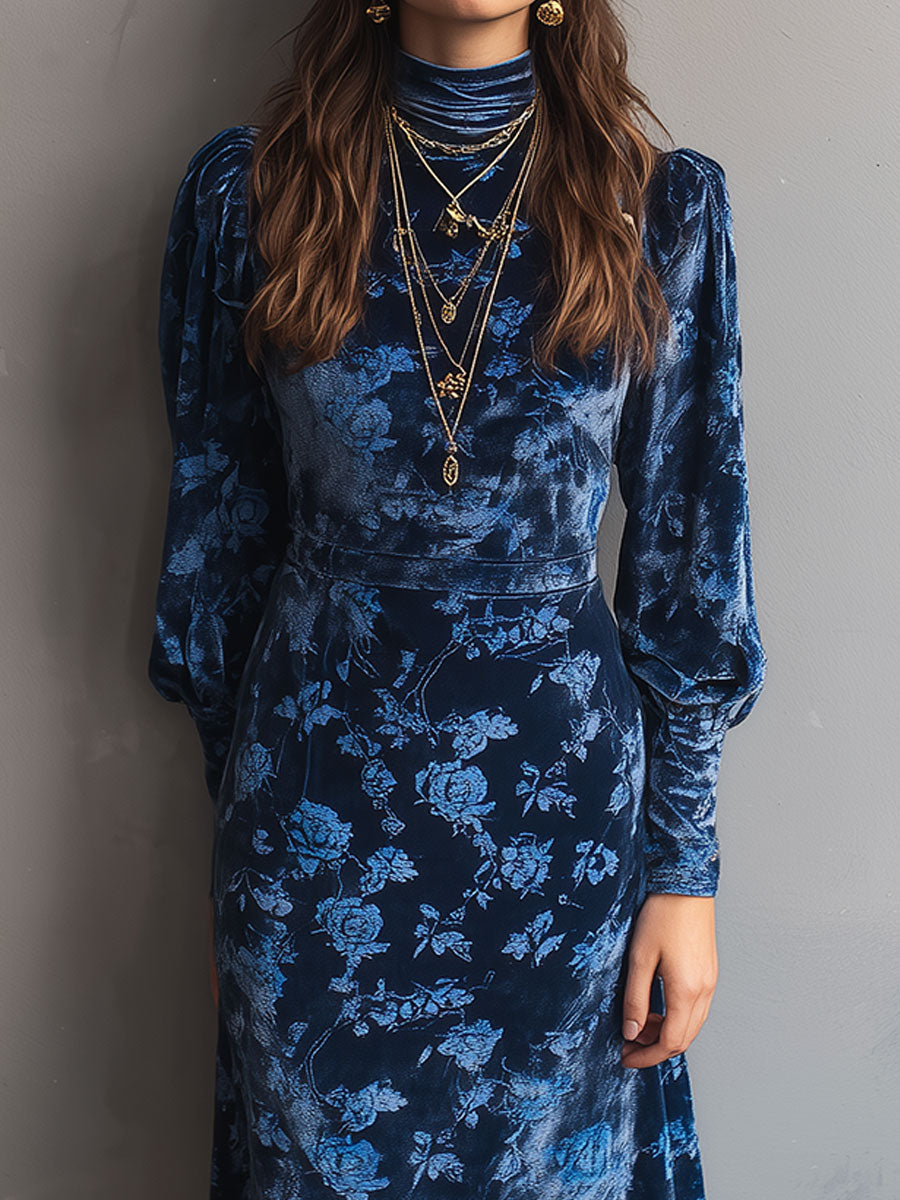 Anna-Berg | Retro Turtleneck Rose Print Velvet Dress