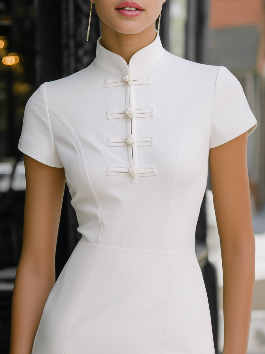 Anna-Berg | Mandarin Collar Modern Knot-Button Dress