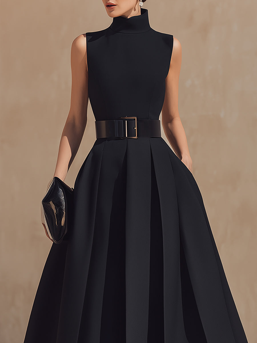 Anna-Berg | Belted High-Neck Pleated Sleeveless Dress