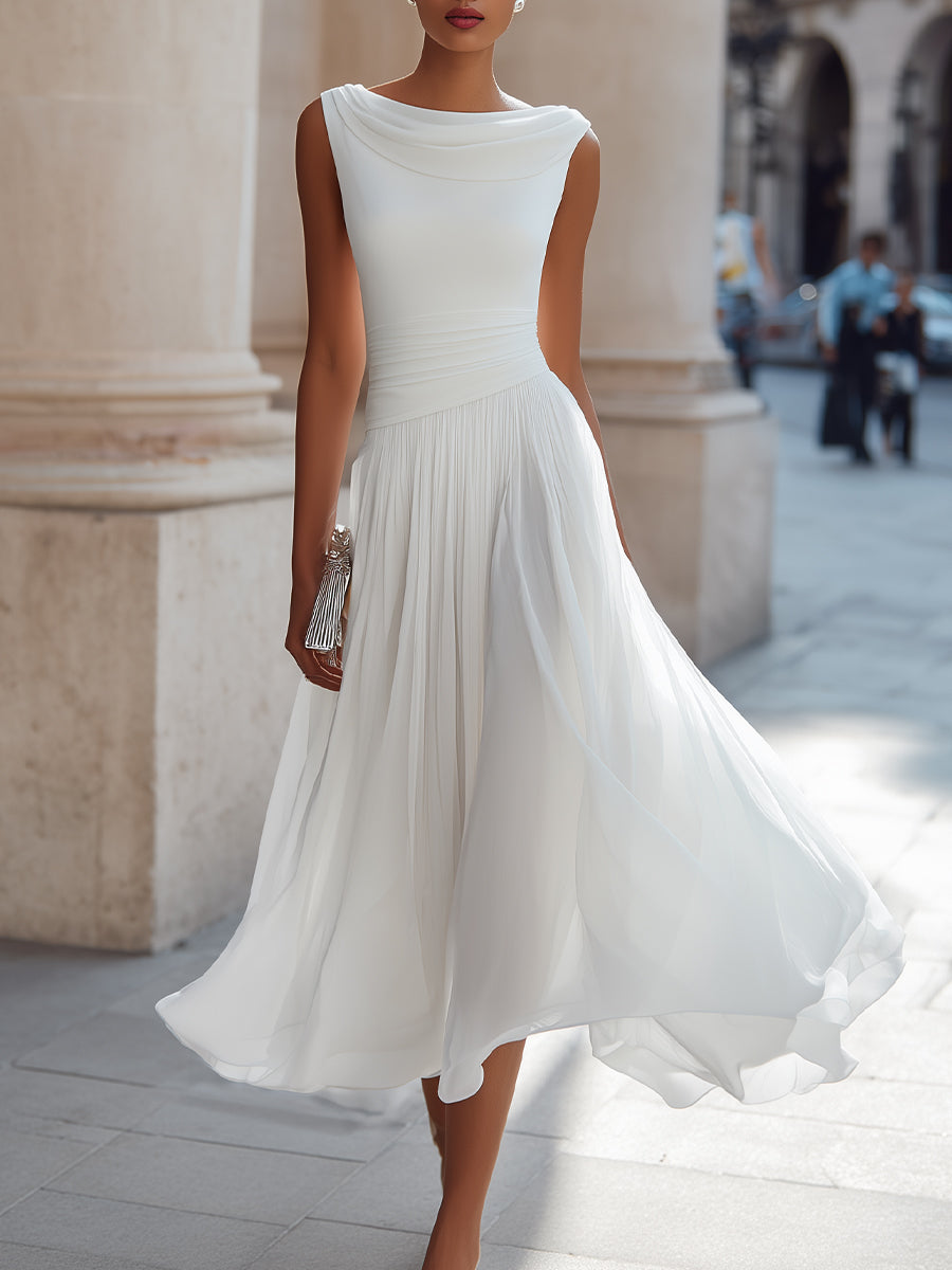 Anna-Berg | Draped Neck Sleeveless Pleated Dress