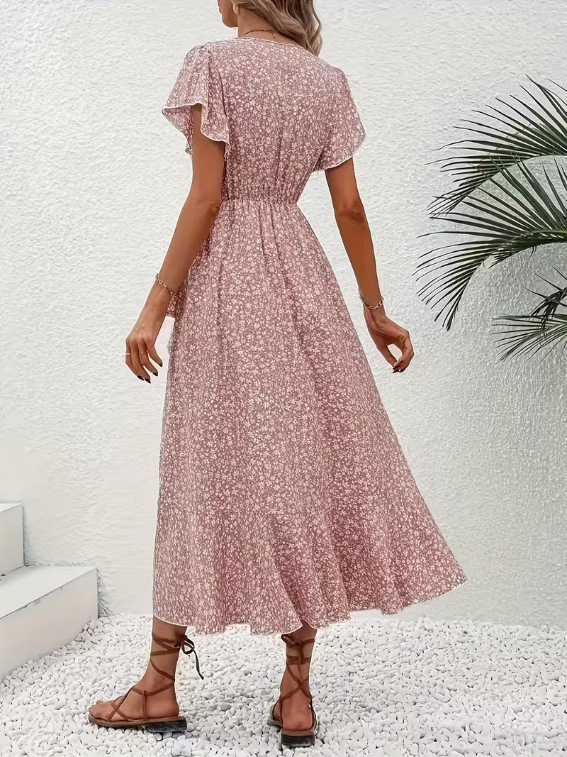 Anna-Berg | Timeless Floral Wrap Midi Dress With Ruffle Sleeves And Asymmetric Hem