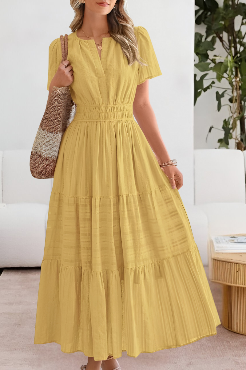 Anna-Berg | Boho Short Sleeve Smocked Midi Dress with Graceful Drape