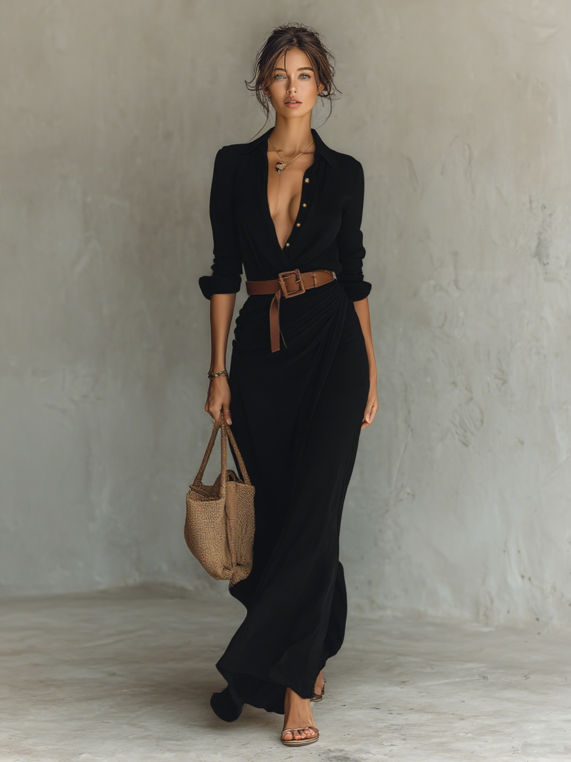 Anna-Berg | Flowing Long Maxi Dress With Notched Collar And Long Sleeves