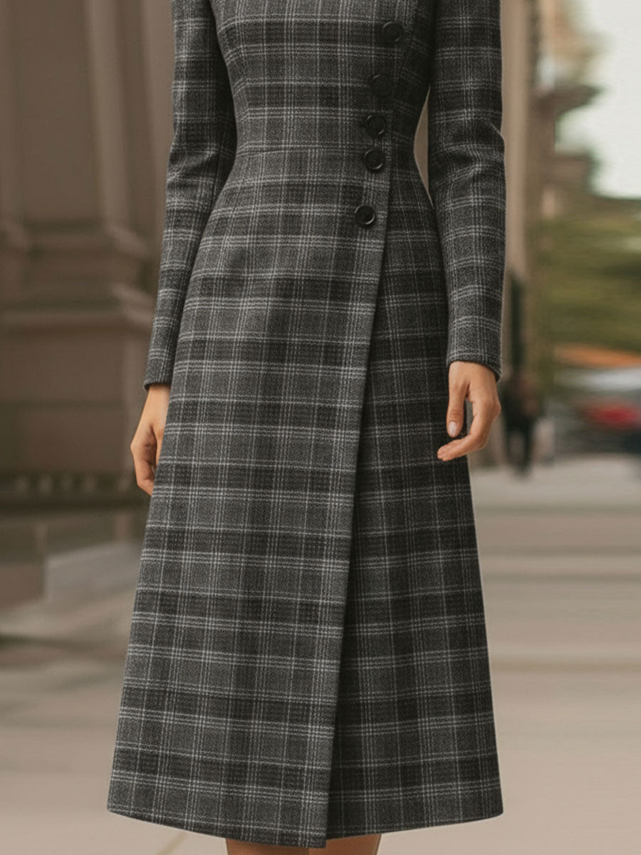 Anna-Berg | Elegant Plaid Asymmetric Button - Front Midi Dress